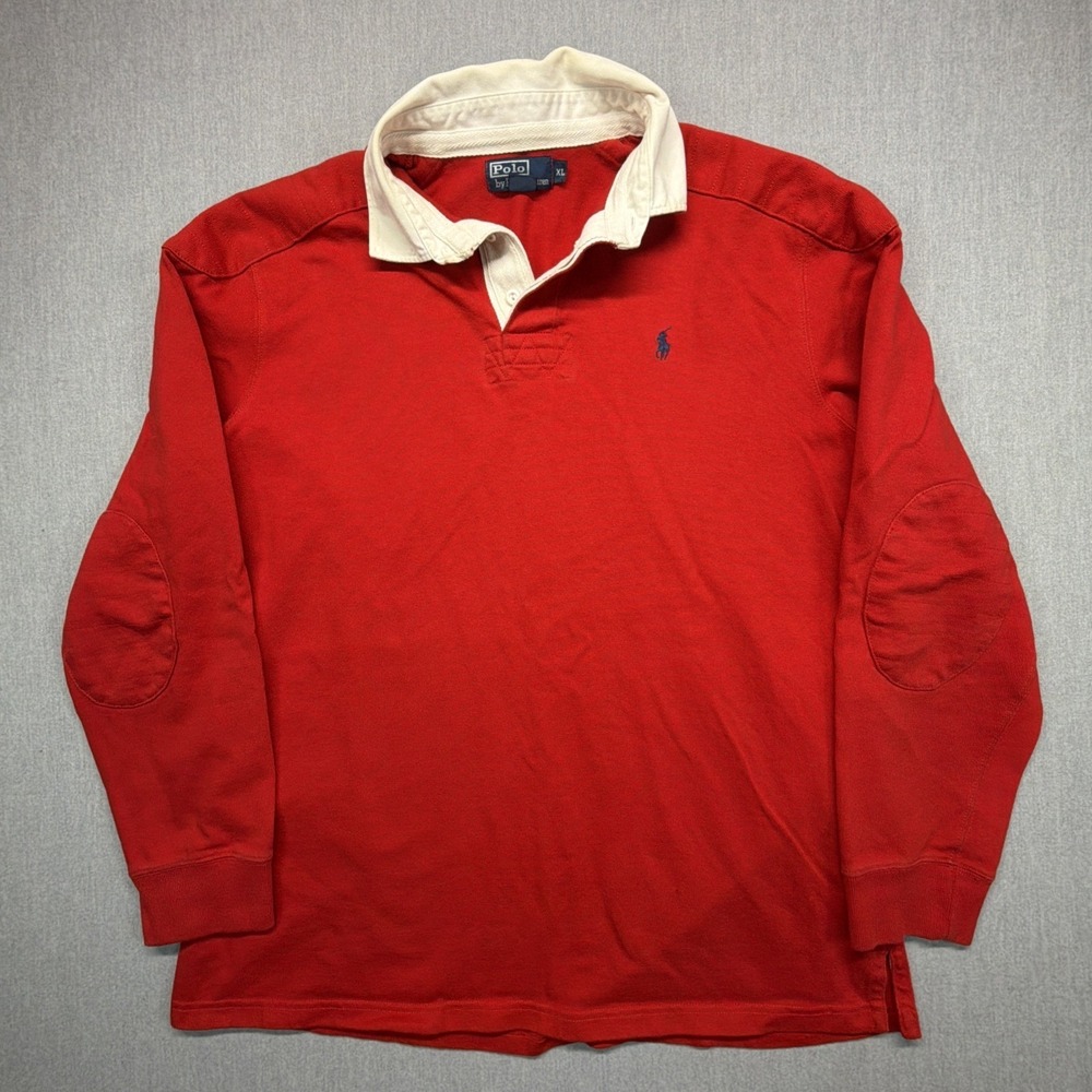 Polo Ralph Lauren Rugby Shirt Mens XL Red White Collar Long Sleeve Pony Logo VTG